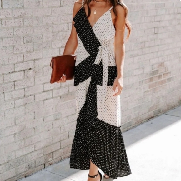 TCEC Ruffle Polka Dot Wrap Midi Dress NEW - Picture 1 of 8